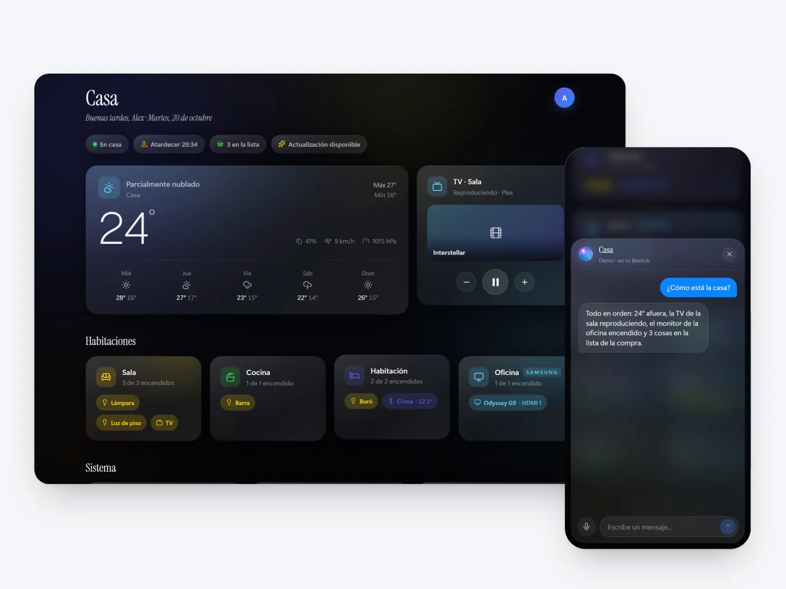 El tablero de casa sobre Home Assistant en una tablet y en el celular, con datos de demostración