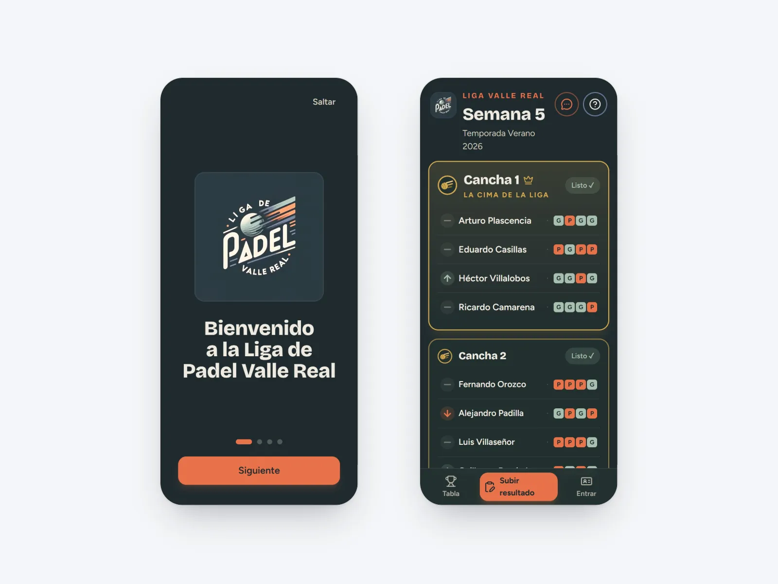 La app de la liga en dos celulares: la bienvenida y las posiciones por cancha (datos de demostración)