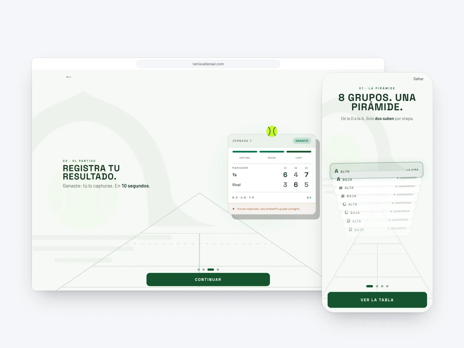 El escalafón en escritorio (registro del resultado) y en celular (la pirámide de grupos)